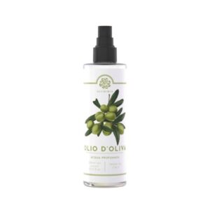 Flacone spray di acqua profumata Alchimia Olio d’Oliva da 100 ml, con illustrazione di olive, prodotto in Italia.