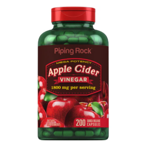 Flacone verde Piping Rock Apple Cider Vinegar 1800 mg, 200 capsule a rilascio rapido con estratto di aceto di mele.