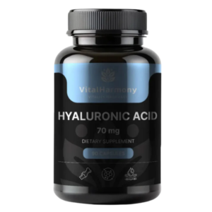 Flacone nero VitalHarmony Acido Ialuronico 70 mg, integratore alimentare da 90 capsule per supporto di pelle e articolazioni.