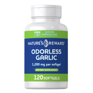 Flacone Nature’s Reward Odorless Aglio 1200 mg, 120 softgel senza glutine e senza odori per supporto cardiovascolare.