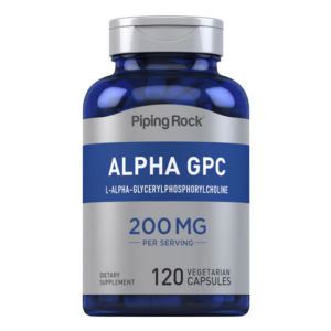 Flacone blu Piping Rock Alpha GPC 200 mg (L-alfa-glicerilfosforilcolina), 120 capsule vegetali per supporto cognitivo e memoria.