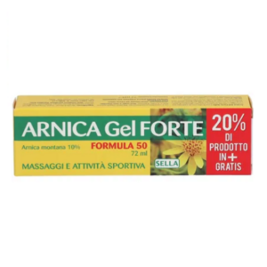 Confezione Arnica Gel Forte Sella 72 ml con Arnica montana 10%, ideale per massaggi e attività sportiva, con 20% di prodotto in più gratis.