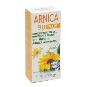 Confezione Arnica 90 Plus gel concentrato con 90% Arnica montana, 75 ml, per sollievo immediato e uso topico.