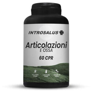 Flacone nero di integratore “Introsalus Articolazioni e Ossa” con 60 compresse, etichetta bianca e verde, senza glutine e lattosio, prodotto in Italia.