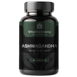 Flacone nero VitalHarmony Ashwagandha, integratore alimentare da 90 capsule per supporto allo stress e benessere generale.