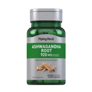 Flacone verde Piping Rock Ashwagandha Root 920 mg, 120 capsule a rilascio rapido con estratto concentrato per supporto allo stress e benessere generale.