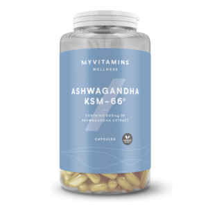 Barattolo trasparente MyVitamins Wellness Ashwagandha KSM-66 con 500 mg di estratto per dose, capsule vegane visibili all’interno.