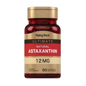 Flacone rosso Piping Rock Natural Astaxantina 12 mg, 60 softgel a rilascio rapido con potente azione antiossidante.