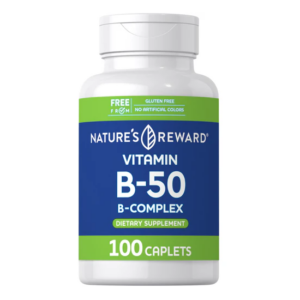 Flacone Nature’s Reward Vitamina B-50 B-Complex, 100 compresse senza glutine e senza coloranti artificiali per supporto energetico.