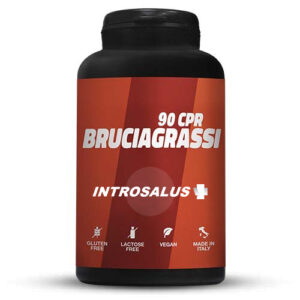 Flacone nero di integratore “Introsalus Brucia grassi” con 90 compresse, etichetta rossa, senza glutine e lattosio, vegano e prodotto in Italia.