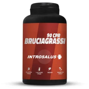 Flacone nero di integratore “Introsalus Brucia grassi” con 90 compresse, etichetta rossa, senza glutine e lattosio, vegano e prodotto in Italia.