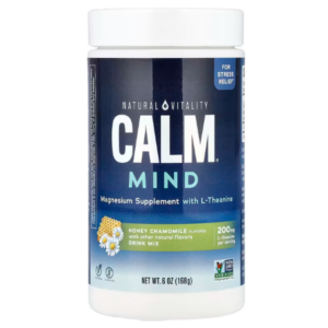 Barattolo Natural Vitality Calm Mind con magnesio e L-teanina, gusto camomilla e miele, polvere da bere per supporto allo stress e rilassamento mentale.