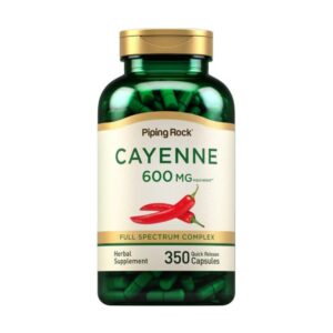 Flacone verde Piping Rock Cayenne 600 mg, 350 capsule a rilascio rapido con estratto di peperoncino per supporto metabolico.