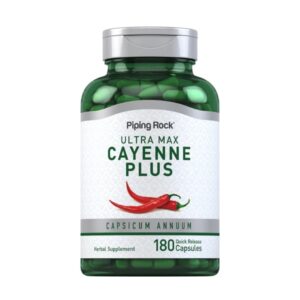 Flacone verde Piping Rock Ultra Max Cayenne Plus con Capsicum annuum, 180 capsule a rilascio rapido per supporto metabolico.