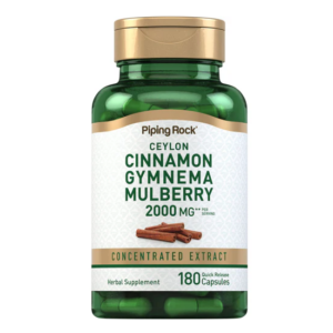 Flacone verde Piping Rock Ceylon Cinnamon Gymnema Mulberry 2000 mg, 180 capsule con estratto concentrato per supporto metabolico.