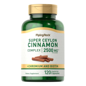 Flacone di integratore PipingRock Super Ceylon Cannella Complex 2500 mg con cromo e biotina, 120 capsule vegetariane per supporto metabolismo e glicemia.