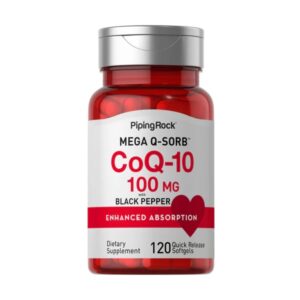 Flacone rosso Piping Rock Mega Q-Sorb CoQ-10 100 mg con pepe nero, 120 softgel a rilascio rapido per assorbimento migliorato e supporto cardiovascolare.