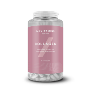 Barattolo trasparente di integratore Collagen MyVitamins Beauty con etichetta rosa, contenente capsule di collagene per il supporto della pelle e della bellezza.