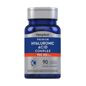 Flacone blu Piping Rock complesso di acido ialuronico 900 mg, 90 capsule a rilascio rapido per supporto di pelle e articolazioni.