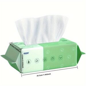 Confezione di asciugamani umidificate in pacco verde con apertura superiore e salvietta estratta, con indicazione delle dimensioni.