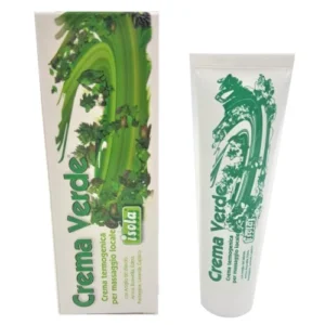 Confezione e tubo di crema Isola Crema Verde per massaggio locale, con estratti naturali e arnica, design verde.