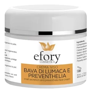 Barattolo di crema viso Efory Cosmetics alla bava di lumaca e Preventhelia, formato da 50 ml, prodotto in Italia.