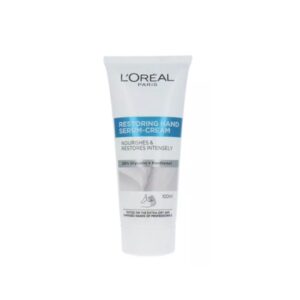 Tubo di crema mani L’Oréal Paris Restoring Hand Serum-Cream da 100 ml, con glicerina e pantenolo, nutriente e riparatrice.