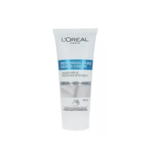 Tubo di crema mani L’Oréal Paris Restoring Hand Serum-Cream da 100 ml, con glicerina e pantenolo, nutriente e riparatrice.