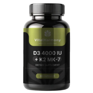 Flacone nero VitalHarmony con Vitamina D3 4000 IU e K2 MK-7, integratore alimentare da 90 capsule per supporto di ossa e sistema immunitario.