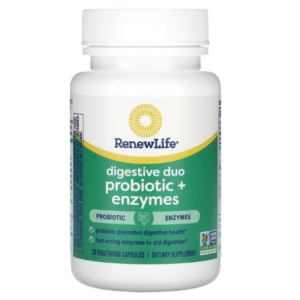 Flacone bianco di integratore Renew Life Digestivo Duo con probiotici ed enzimi digestivi, contenente 180 capsule vegetariane per la salute digestiva.