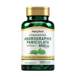Flacone verde Piping Rock Andrographis Paniculata extract 8000 mg, 120 capsule con 40 mg di andrographolides per supporto naturale.
