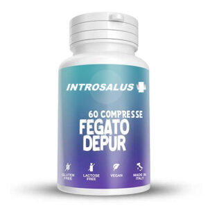 Flacone di integratore alimentare “Introsalus Fegato Depur” con 60 compresse, etichetta sfumata blu/viola, indicato come senza glutine, senza lattosio, vegano e prodotto in Italia.
