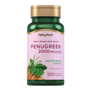 Flacone verde di integratore Fenugreek (fieno greco) Piping Rock da 2000 mg, estratto concentrato con 100 capsule a rilascio rapido e tappo dorato.