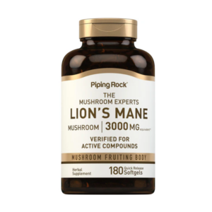 Flacone Piping Rock Lion’s Mane Mushroom 3000 mg, 180 softgel con estratto di fungo Hericium erinaceus per supporto cognitivo.