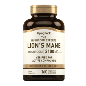 Flacone marrone di integratore Lion’s Mane (fungo Hericium erinaceus) Piping Rock da 3000 mg, con 180 softgel a rilascio rapido e tappo dorato.