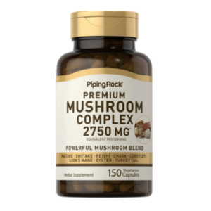 Flacone di integratore PipingRock Premium Mushroom Complex 2750 mg, miscela di funghi (Reishi, Shiitake, Chaga, Cordyceps, Lion’s Mane), 150 capsule vegetariane.