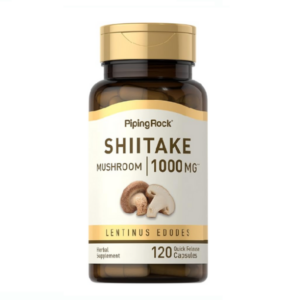 Flacone marrone di integratore Shiitake (Lentinus edodes) Piping Rock da 1000 mg, con 120 capsule a rilascio rapido e tappo dorato.