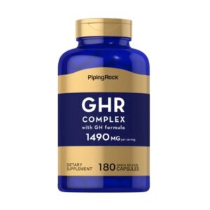 Flacone blu di integratore GHR Complex Piping Rock con formula GH da 1490 mg per dose, contenente 180 capsule a rilascio rapido.