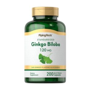 Flacone verde Piping Rock Ginkgo Biloba 120 mg standardizzato al 24% glicosidi flavonici, 200 capsule a rilascio rapido per supporto cognitivo.