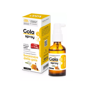 Flacone spray per la gola con confezione abbinata, integratore a base di propoli, miele e oli essenziali per il benessere della gola, formato 30 ml. gola spray