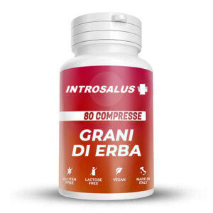 Flacone bianco di integratore Introsalus Grani di Erbe con 80 compresse, etichetta rossa, senza glutine e lattosio, vegano e prodotto in Italia.