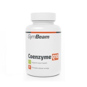 Flacone bianco di integratore GymBeam Coenzima Q10, supporto per energia cellulare e salute del cuore.