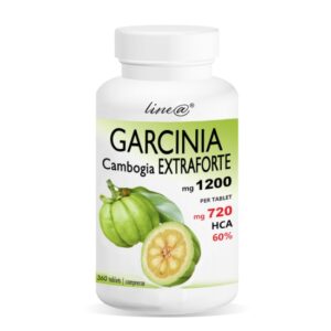 Flacone bianco di integratore Garcinia Cambogia extra forte con 1200 mg per compressa e 60% HCA, contenente 360 compresse, con immagine del frutto.