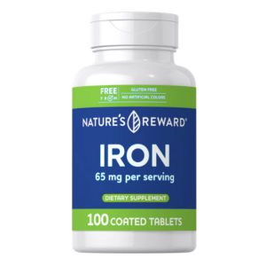 Flacone Nature’s Reward Iron 65 mg, 100 compresse rivestite senza glutine e senza coloranti artificiali per supporto del ferro.