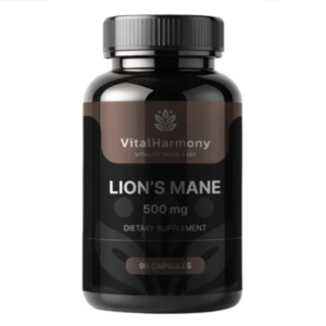 Flacone nero di integratore VitalHarmony Lion’s Mane 500 mg con 90 capsule, supporto per memoria e concentrazione.