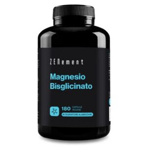 Flacone nero di integratore Magnesio Bisglicinato Zenement con etichetta minimal, contenente 180 capsule vegane per il supporto del benessere muscolare e del sistema nervoso.