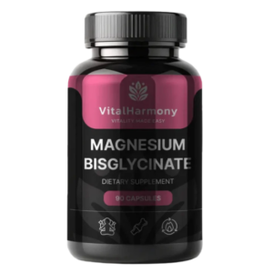 Flacone nero di integratore VitalHarmony Magnesio Bisglicinato con 90 capsule, utile per il rilassamento muscolare e la riduzione della stanchezza.