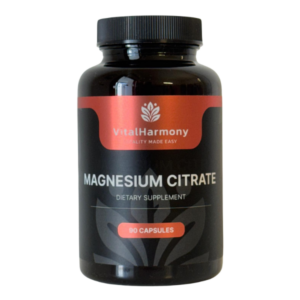 Flacone nero VitalHarmony Magnesium Citrate, integratore alimentare da 90 capsule per supporto muscolare e benessere generale.