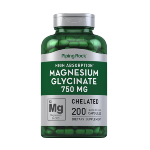 Flacone verde di integratore Magnesio Glicinato Piping Rock 750 mg chelato, con 200 capsule a rilascio rapido per elevato assorbimento.