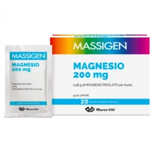 Confezione Massigen Magnesio 200 mg con 20 bustine monodose al gusto limone, integratore di magnesio pidolato.
